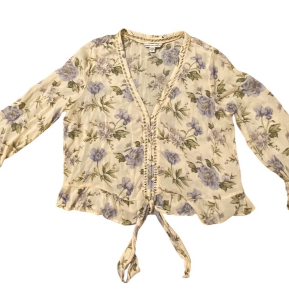 American Eagle Women Top Small Cream Floral Crop Blouse Fit and Flare Boho